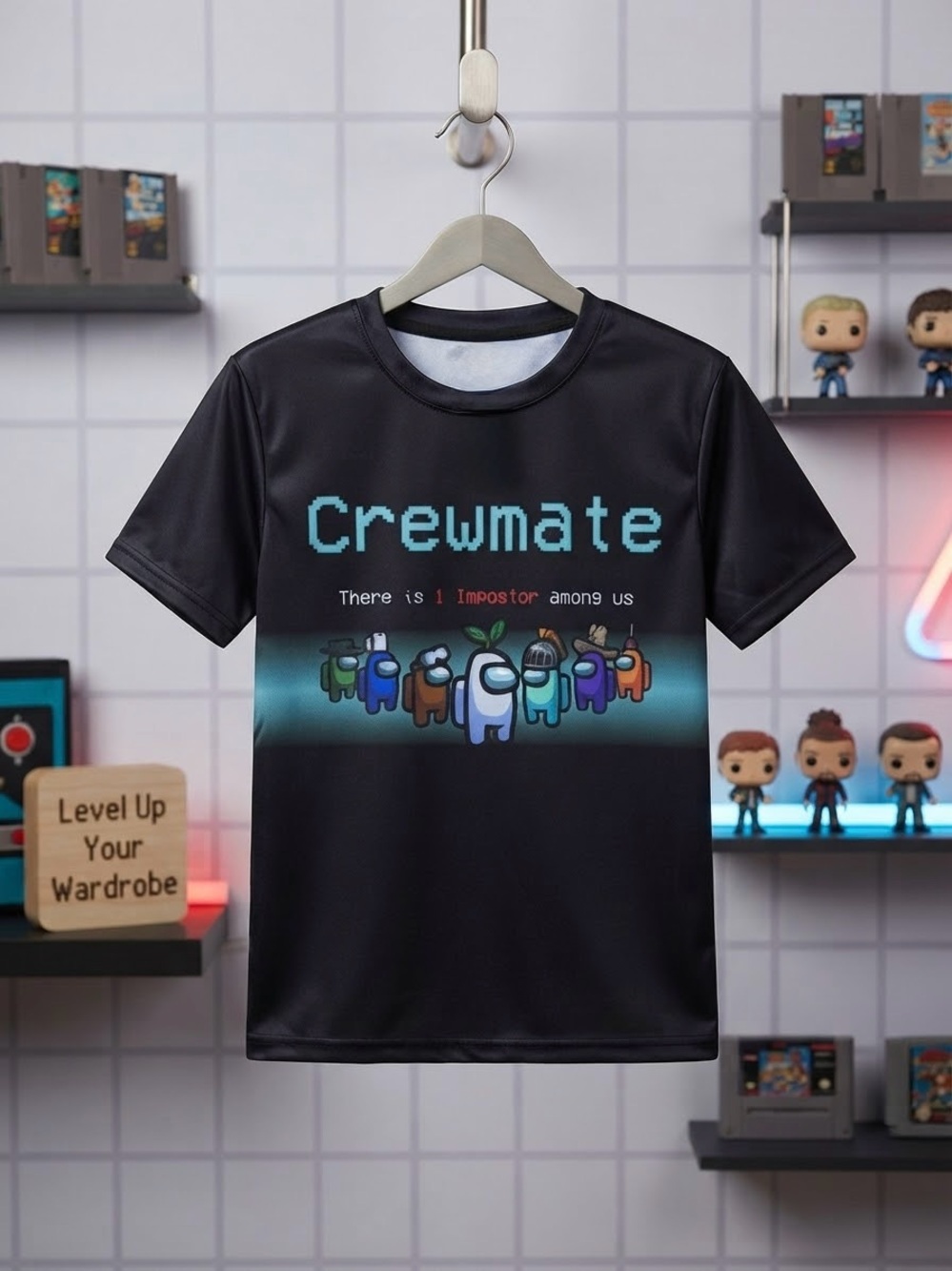 Among Us Crewmate Graphic T-Shirt Black Short Sleeve Kids Size Small S Gamer Top